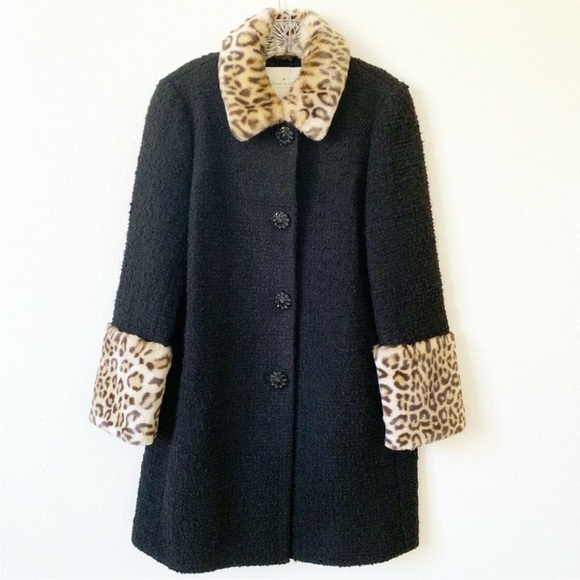 Kate Spade Leopard Cuff Boucle Faux Fur Jewel Button Coat 2 - Picture 2 of 16